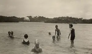 Swimmers: Wolf cubs taking swimmer's badge test, Bermuda