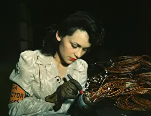 Burbank: Woman aircraft worker checking electrical assemblies