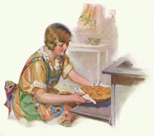 Delineator: Woman baking, taking a pie from the oven
