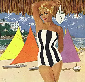 Woman in Bathing Suit on Beach