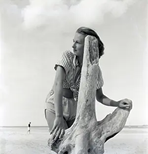 Peacetime: Woman on beach with driftwood