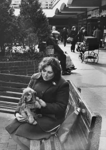 Precinct: Woman on a bench with a dog on her lap
