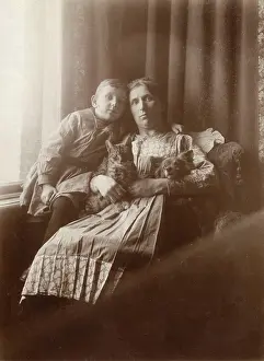Pleated: Woman and boy with dog and cat