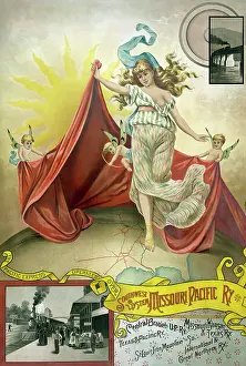 Vignette: Woman with cherubs holds a drape over a map of
