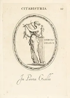 Sappho: Woman cithara or zither player with statue