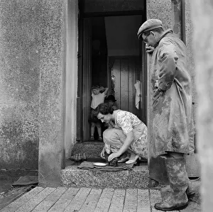 Stooping: Woman feeding a kitten