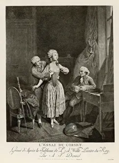 Boudoir: Woman fitted with a corset by a staymaker