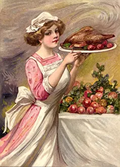 Platter: Woman holding Turkey on a Platter