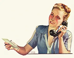 Saver: Woman holds Notepad while on Phone
