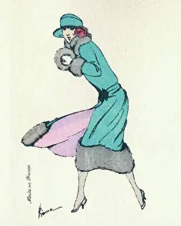 Huddling: Woman huddled against the wind
