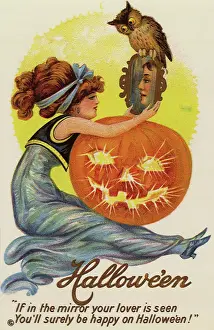 Woman with Jack-o-Lantern looking into Mirror