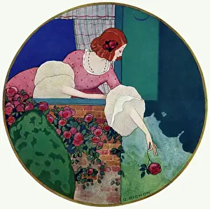 Ruffled: Woman leaning out of window with rose