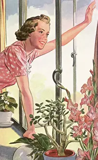 Leans: Woman Leans out and Window and Waves