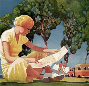 Campsite: Woman looks at Road Map
