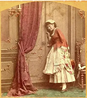 Stereograph: woman, maid, cleaning, eavesdropping