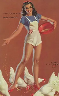 Chickens: Woman in Overalls feeding Chickens