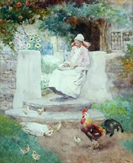 Woodlock: Woman in pathway of cottage with chickens