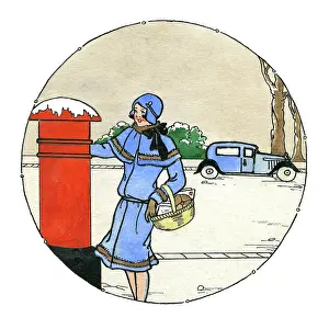 Posting: Woman posting a letter into red pillarbox