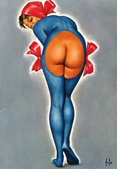 Bending: Woman in red and blue, exposing her bottom