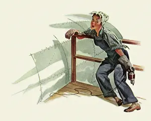 Riveter: Woman Riveter leans exhausted against a support rail