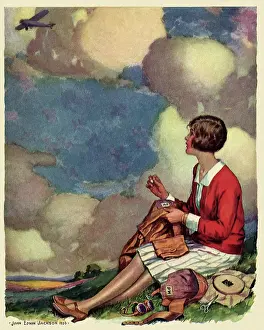 Sews: Woman sews while Watching Plane in Sky