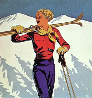 Skiers: Woman Skier Walking