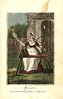 Worsted: Woman spinner in bonnet and apron spinning
