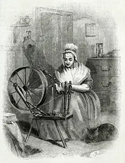 Spins: Woman spinning on Saxony wheel
