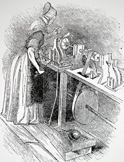 1844: Woman using a lathe to cut the thread on screws: