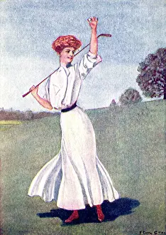 Illustrators: Woman in white holding up tiny golf ball of the golf course