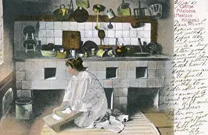 Implements: Woman at work in a kitchen, Mexico