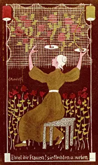Describes: WOMAN WORKING TAPESTRY