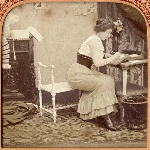 Stereograph: woman, writing, correspondence
