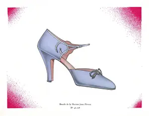 Camy: Woman's high-heel strap shoe design in blue leather, 1930