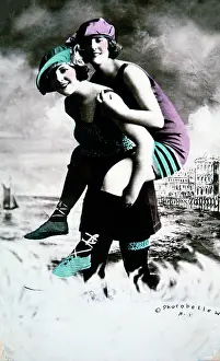 Piggyback: Two Women in Bathing Suits