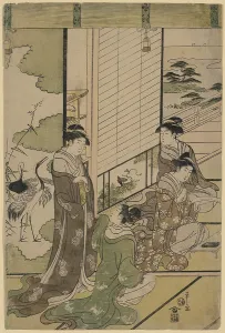 Composing: Four women composing poetry, possibly as a competition, next
