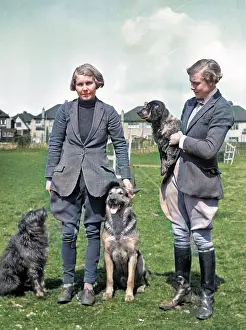 Jodphurs: Two women with three dogs in a field