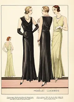 Crepe De Chine: Women in evening dresses designed by Luceber, 1931