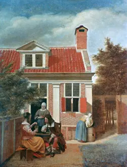 Genre: Three Women and a Man in a Courtyard behind a