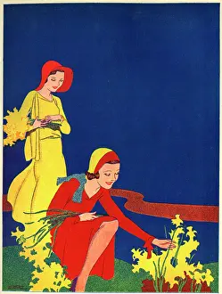 Pick: Women picking daffodils in Art Deco style