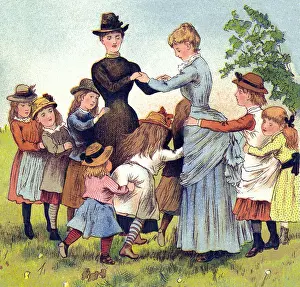 Childcare: two women with playing children, ilustration