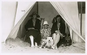 Flap: Three women in a tent on a beach with a white terrier