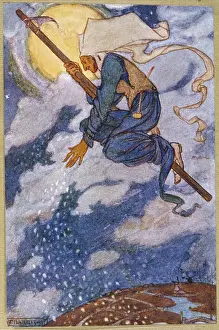 Scattering: A Wood Witch flying over the land on her stick