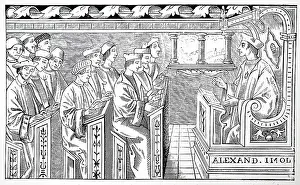 Schoolmaster: Woodcut engraving depicting a classroom