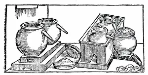 Distillation: Woodcut engraving depicting the distillation of