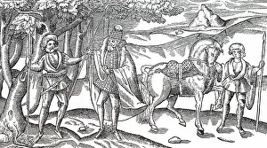 Attendants: A woodcut engraving depicting an Irish chieftain