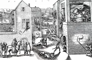 Assassinated: A woodcut engraving depicting a the Massacre of