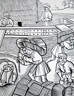 Levy: A woodcut engraving depicting men unloading hay