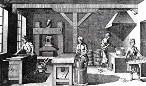 Pounding: A woodcut engraving depicting the process of making