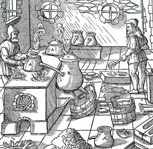 Passed: Woodcut engraving depicting the process of refining sulphur